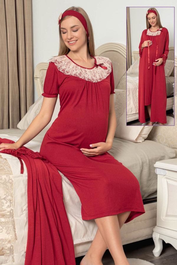 bordo renkli sabahlıklı lohusa gecelik pijama takımı jenika 48132 2 li sabahlıklı hamile gecelik takım, jenika-48132, lohusa gecelik takım, Jenika
