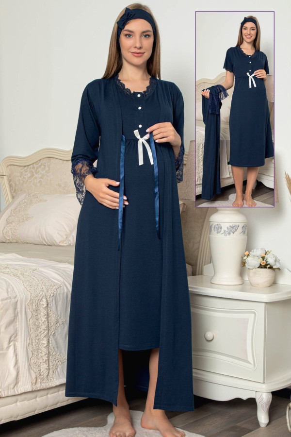 lacivert renkli sabahlıklı lohusa gecelik pijama takımı jenika 48147 2 li sabahlıklı hamile gecelik takım, jenika-48147, lohusa gecelik takım, Jenika