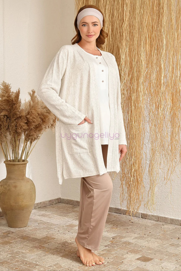 bej renk baha 4401 uzun kol 3lü ve ekose sabahlıklı hamile pijama takım set, baha-bej-4401, lohusa pijama takımları, Baha