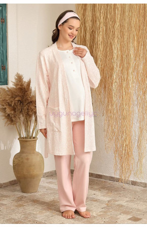 Somon Renk BAHA 4401 Uzun Kol 3'lü ve Ekose Sabahlıklı Hamile Pijama Takım Set