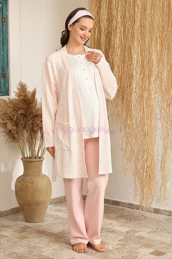 somon renk baha 4401 uzun kol 3lü ve ekose sabahlıklı hamile pijama takım set, baha-somon-4401, lohusa pijama takımları, Baha