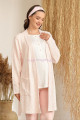 somon renk baha 4401 uzun kol 3lü ve ekose sabahlıklı hamile pijama takım set, baha-somon-4401, lohusa pijama takımları