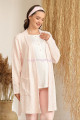 somon renk baha 4401 uzun kol 3lü ve ekose sabahlıklı hamile pijama takım set, baha-somon-4401, lohusa pijama takımları, Baha
