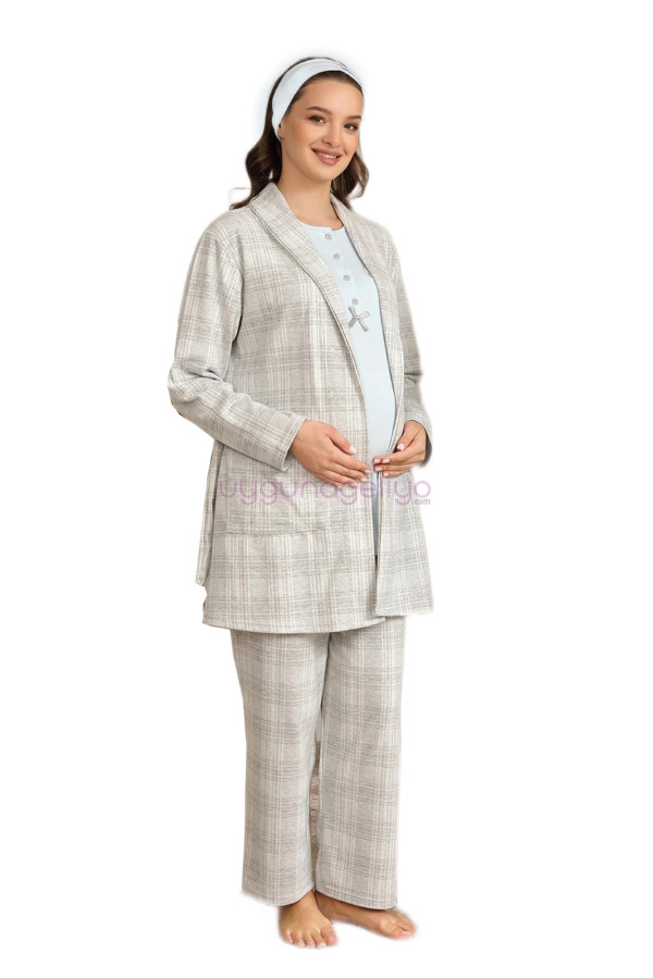 mavi renk baha 4425 uzun kol 3lü ve ekose sabahlıklı hamile pijama takım set, baha-mavi-4425, lohusa pijama takımları