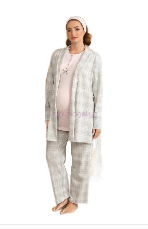 Pembe Renk BAHA 4425 Uzun Kol 3'lü ve Ekose Sabahlıklı Hamile Pijama Takım Set