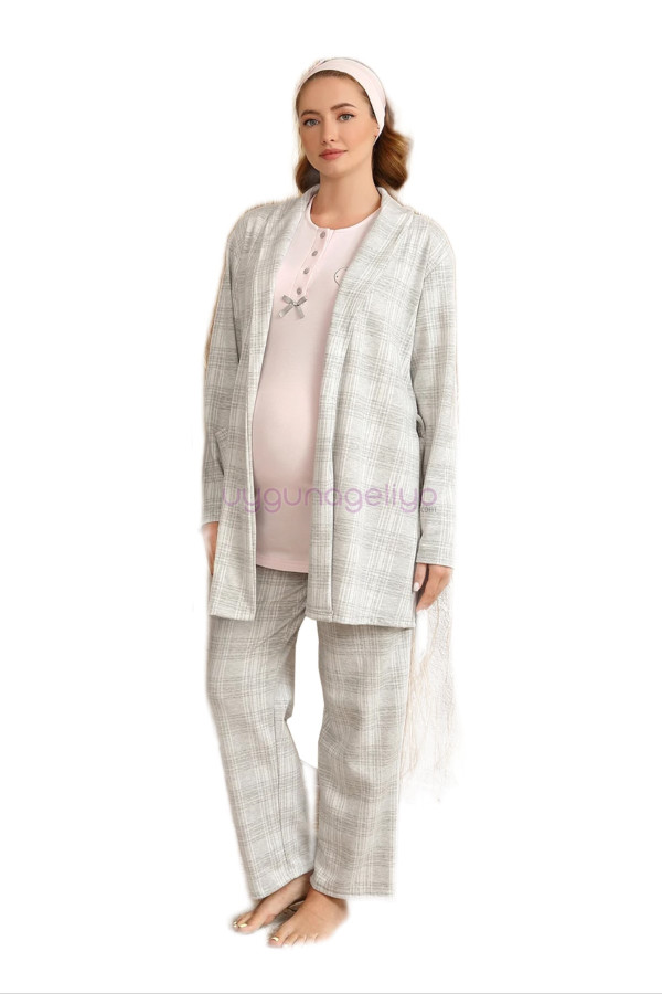 pembe renk baha 4425 uzun kol 3lü ve ekose sabahlıklı hamile pijama takım set, baha-pembe-4425, lohusa pijama takımları, Baha
