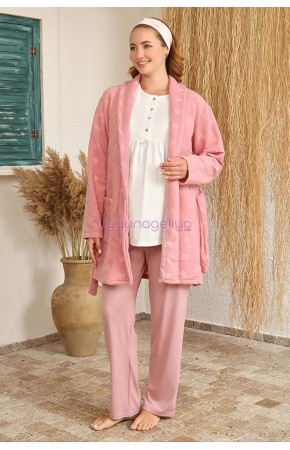 Pembe Renk BAHA 4407 Uzun Kol  3 lü ve Wellsoft Sabahlıklı Hamile Pijama Takım Set