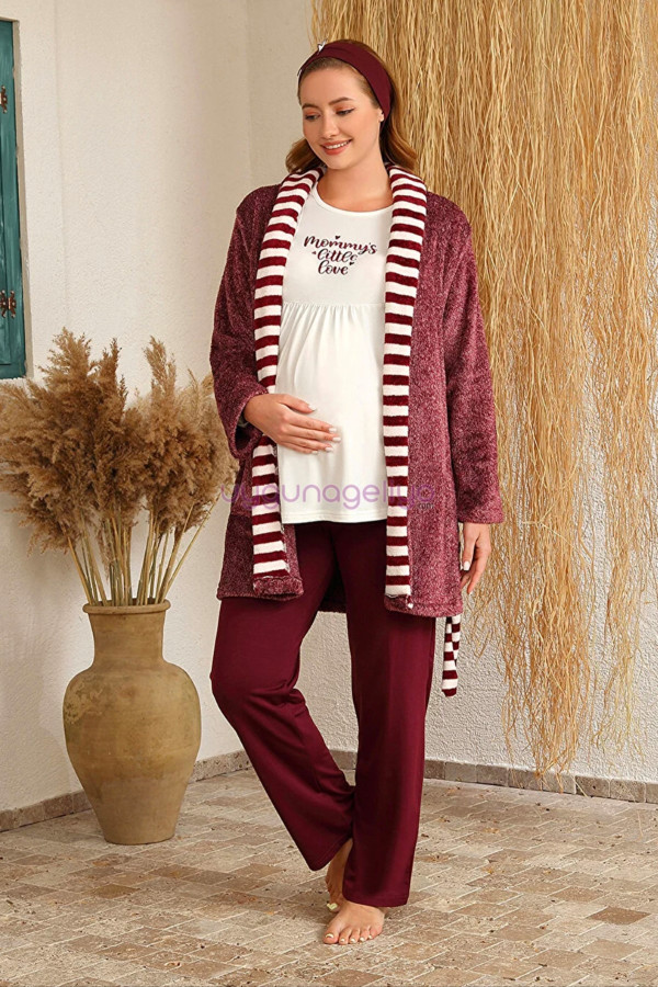 bordo renk baha 4419 uzun kol 3lü ve wellsoft sabahlıklı hamile pijama takım set, baha-bordo-4419, lohusa pijama takımları