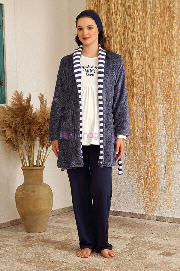 lacivert renk baha 4419 uzun kol 3lü ve wellsoft sabahlıklı hamile pijama takım set, baha-lacivert-4419, lohusa pijama takımları, Baha