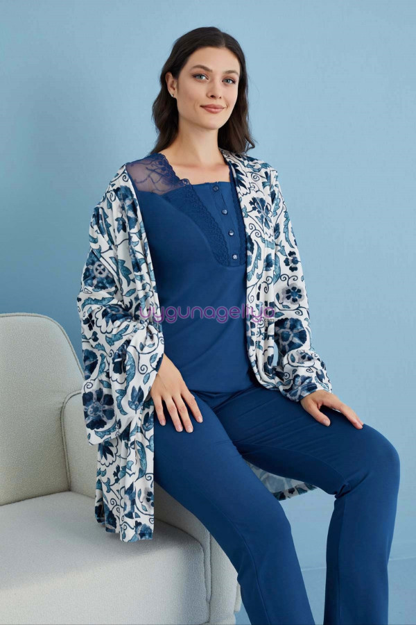 i̇ndigo renk tuba 23552 uzun kol dantel detaylı 3 lü ve sabahlıklı hamile pijama takım set, tuba-i̇ndigo-23552, lohusa pijama takımları, Tuba