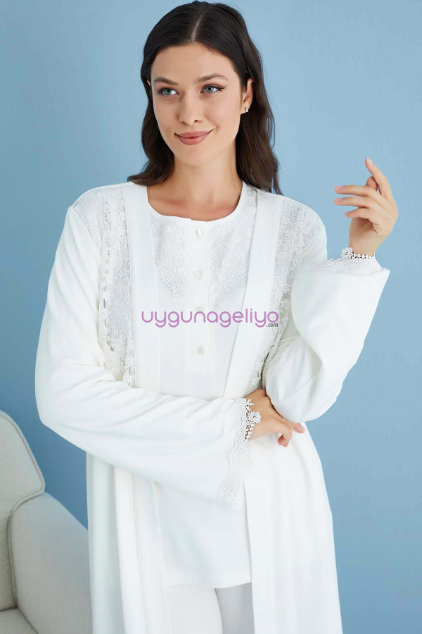 ekru renk tuba 23553 uzun kol dantel detaylı 3 lü ve sabahlıklı hamile pijama takım set, tuba-ekru-23553, lohusa pijama takımları, Tuba