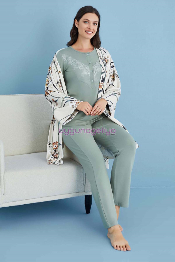 yeşil renk tuba 23554 uzun kol dantel detaylı 3 lü ve sabahlıklı hamile pijama takım set, tuba-yeşil-23554, lohusa pijama takımları, Tuba