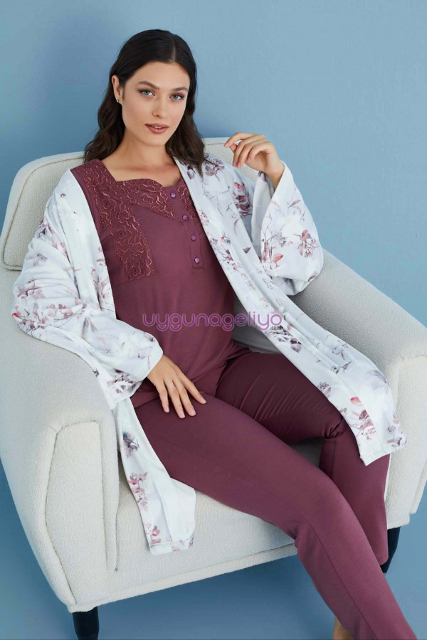 mürdüm renk tuba 23558 uzun kol dantel detaylı 3 lü ve sabahlıklı hamile pijama takım set, tuba-mürdüm-23558, lohusa pijama takımları, Tuba
