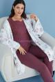 mürdüm renk tuba 23558 uzun kol dantel detaylı 3 lü ve sabahlıklı hamile pijama takım set, tuba-mürdüm-23558, lohusa pijama takımları, Tuba