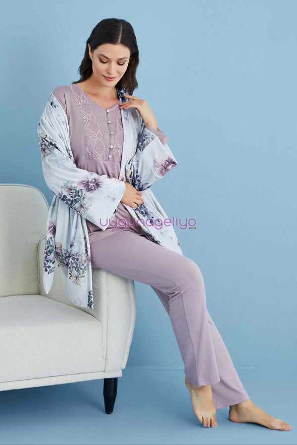 lila renk tuba 23560 uzun kol dantel detaylı 3 lü ve sabahlıklı hamile pijama takım set, tuba-lila-23560, lohusa pijama takımları, Tuba