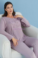 lila renk tuba 23560 uzun kol dantel detaylı 3 lü ve sabahlıklı hamile pijama takım set, tuba-lila-23560, lohusa pijama takımları