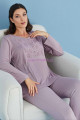 lila renk tuba 23560 uzun kol dantel detaylı 3 lü ve sabahlıklı hamile pijama takım set, tuba-lila-23560, lohusa pijama takımları, Tuba