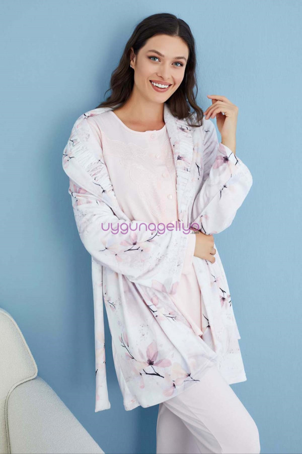 pembe renk tuba 23562 uzun kol dantel detaylı 3 lü ve sabahlıklı hamile pijama takım set, tuba-pembe-23562, lohusa pijama takımları, Tuba