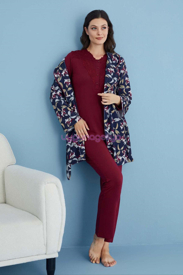 bordo renk tuba 23569 uzun kol dantel detaylı 3 lü ve sabahlıklı hamile pijama takım set, tuba-bordo-23569, lohusa pijama takımları, Tuba
