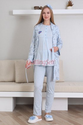 Bebe Mavi Renk Erdeniz 3432 Kısa Kol Dantel Detaylı 3 lü ve Sabahlıklı Hamile Pijama Takımı