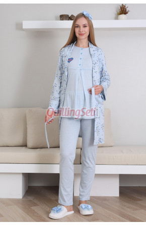Bebe Mavi Renk Erdeniz 3432 Kısa Kol Dantel Detaylı 3 lü ve Sabahlıklı Hamile Pijama Takımı