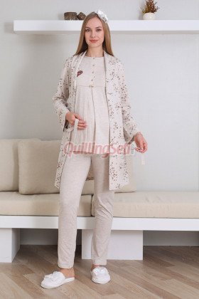 Vizon Renk Erdeniz 3432 Kısa Kol Dantel Detaylı 3 lü ve Sabahlıklı Hamile Pijama Takımı