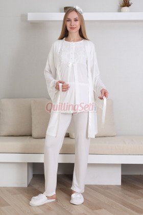 Ekru Renk Erdeniz 3433 Kısa Kol Dantel Detaylı 3 lü ve Sabahlıklı Hamile Pijama Takımı