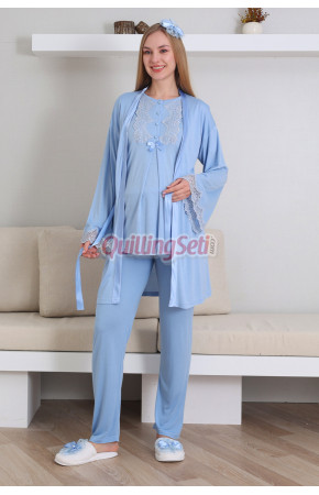 Bebe Mavi Renk Erdeniz 3433 Kısa Kol Dantel Detaylı 3 lü ve Sabahlıklı Hamile Pijama Takımı