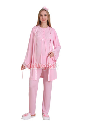 Bebe Pembe Renk Erdeniz 3433 Kısa Kol Dantel Detaylı 3 lü ve Sabahlıklı Hamile Pijama Takımı