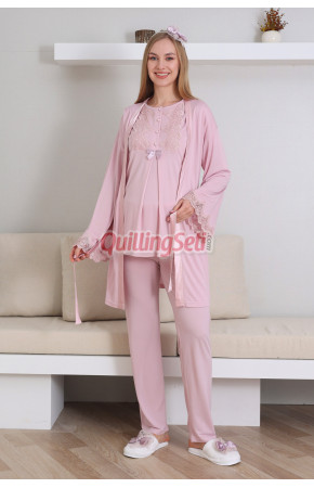 Bebe Pudra Renk Erdeniz 3433 Kısa Kol Dantel Detaylı 3 lü ve Sabahlıklı Hamile Pijama Takımı