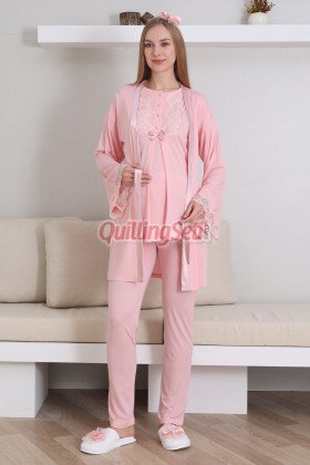 Somon Renk Erdeniz 3433 Kısa Kol Dantel Detaylı 3 lü ve Sabahlıklı Hamile Pijama Takımı