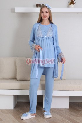Bebe Mavi Renk Erdeniz 3434 Kısa Kol Dantel Detaylı 3 lü ve Sabahlıklı Hamile Pijama Takımı