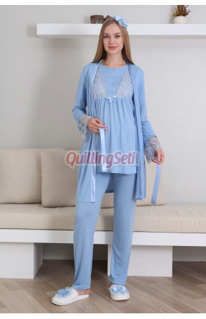 Bebe Mavi Renk Erdeniz 3434 Kısa Kol Dantel Detaylı 3 lü ve Sabahlıklı Hamile Pijama Takımı