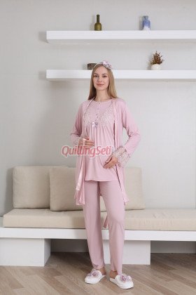 Pudra Renk Erdeniz 3434 Kısa Kol Dantel Detaylı 3 lü ve Sabahlıklı Hamile Pijama Takımı