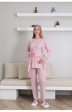 Pudra Renk Erdeniz 3434 Kısa Kol Dantel Detaylı 3 lü ve Sabahlıklı Hamile Pijama Takımı