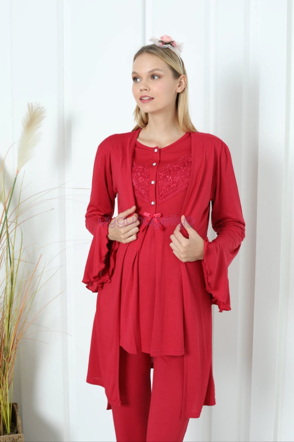 kırmızı renk erdeniz 3391 uzun kol dantel detaylı 3 lü ve sabahlıklı hamile pijama takımı, erdeniz-kırmızı-3391, lohusa pijama takımları, Erdeniz