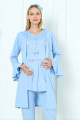 bebe mavi renk erdeniz 3391 uzun kol dantel detaylı 3 lü ve sabahlıklı hamile pijama takımı, erdeniz-bebemavi-3391, lohusa pijama takımları
