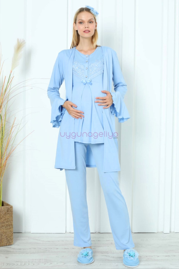 bebe mavi renk erdeniz 3391 uzun kol dantel detaylı 3 lü ve sabahlıklı hamile pijama takımı, erdeniz-bebemavi-3391, lohusa pijama takımları, Erdeniz