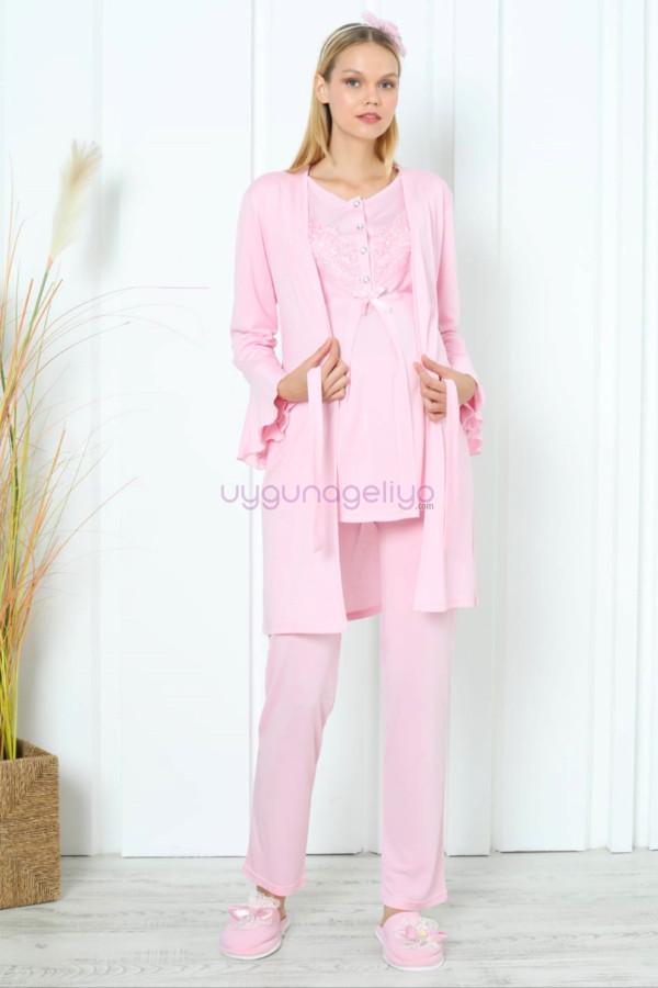 bebe pembe renk erdeniz 3391 uzun kol dantel detaylı 3 lü ve sabahlıklı hamile pijama takımı, erdeniz-bebepembe-3391, lohusa pijama takımları, Erdeniz