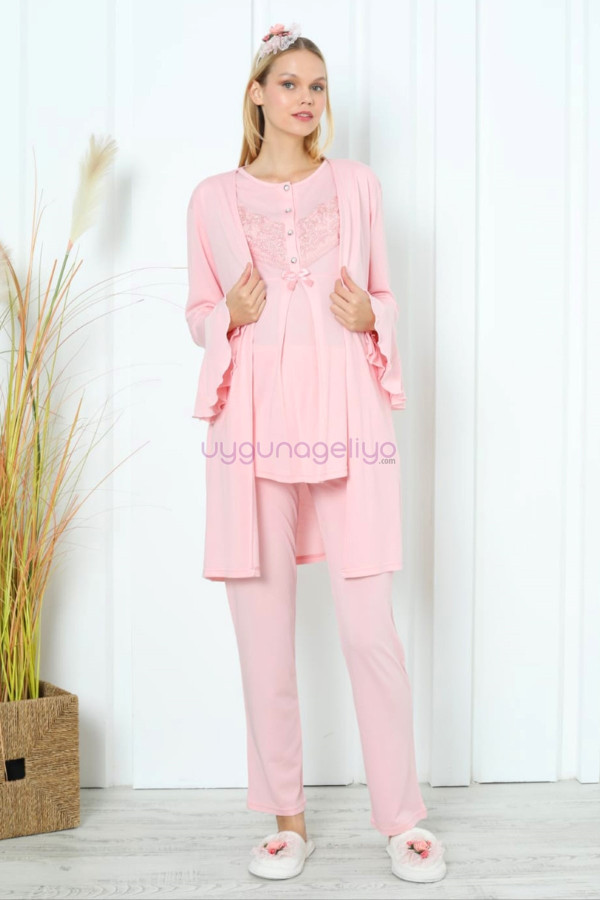 somon renk erdeniz 3391 uzun kol dantel detaylı 3 lü ve sabahlıklı hamile pijama takımı, erdeniz-somon-3391, lohusa pijama takımları, Erdeniz