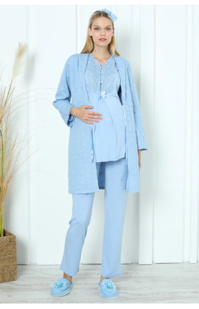 Bebe Mavi Renk Erdeniz 3392 Uzun Kol Dantel Detaylı 3 lü ve Sabahlıklı Hamile Pijama Takımı