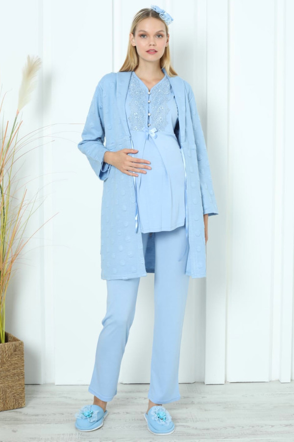 bebe mavi renk erdeniz 3392 uzun kol dantel detaylı 3 lü ve sabahlıklı hamile pijama takımı, erdeniz-bebemavi-3392, lohusa pijama takımları, Erdeniz