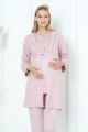 pudra renk erdeniz 3392 uzun kol dantel detaylı 3 lü ve sabahlıklı hamile pijama takımı, erdeniz-pudra-3392, lohusa pijama takımları