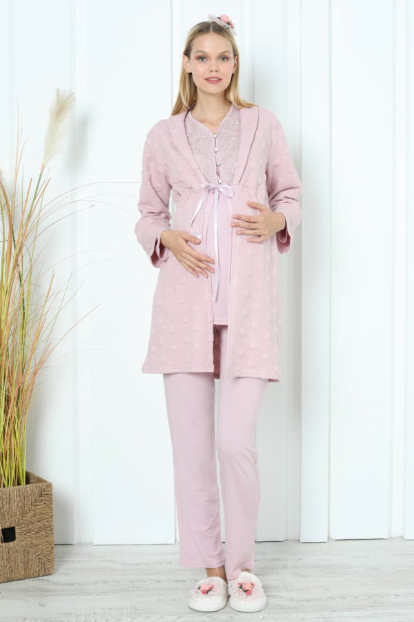 pudra renk erdeniz 3392 uzun kol dantel detaylı 3 lü ve sabahlıklı hamile pijama takımı, erdeniz-pudra-3392, lohusa pijama takımları, Erdeniz