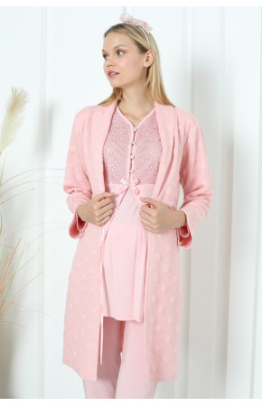 Somon Renk Erdeniz 3392 Uzun Kol Dantel Detaylı 3 lü ve Sabahlıklı Hamile Pijama Takımı