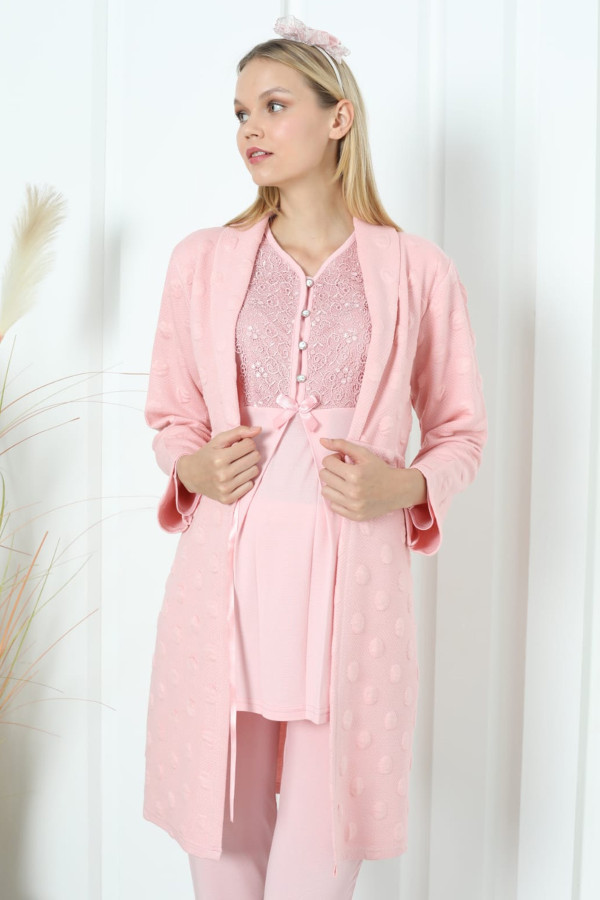 somon renk erdeniz 3392 uzun kol dantel detaylı 3 lü ve sabahlıklı hamile pijama takımı, erdeniz-somon-3392, lohusa pijama takımları, Erdeniz