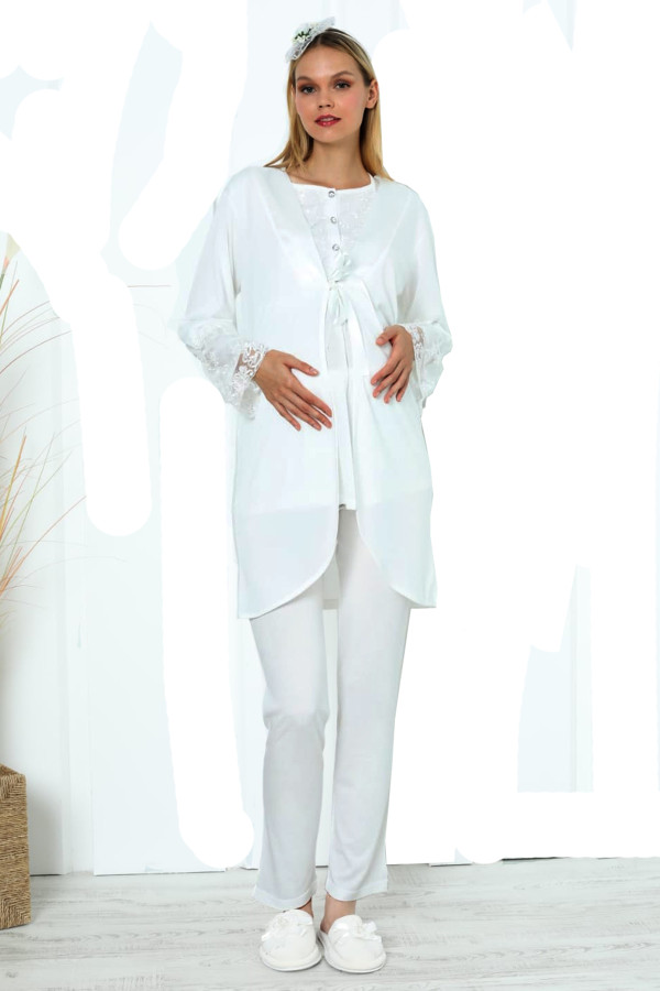 ekru renk erdeniz 3393 uzun kol dantel detaylı 3 lü ve sabahlıklı hamile pijama takımı, erdeniz-ekru-3393, lohusa pijama takımları, Erdeniz