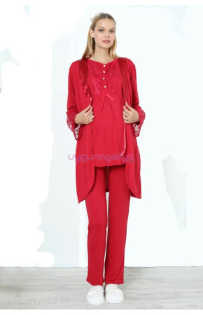 Kırmızı Renk Erdeniz 3393 Uzun Kol Dantel Detaylı 3 lü ve Sabahlıklı Hamile Pijama Takımı