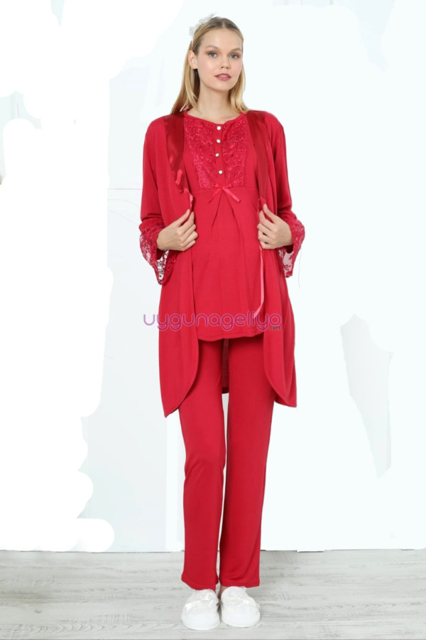 kırmızı renk erdeniz 3393 uzun kol dantel detaylı 3 lü ve sabahlıklı hamile pijama takımı, erdeniz-krmz-3393, lohusa pijama takımları
