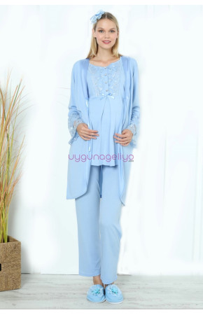 Mavi Renk Erdeniz 3393 Uzun Kol Dantel Detaylı 3 lü ve Sabahlıklı Hamile Pijama Takımı